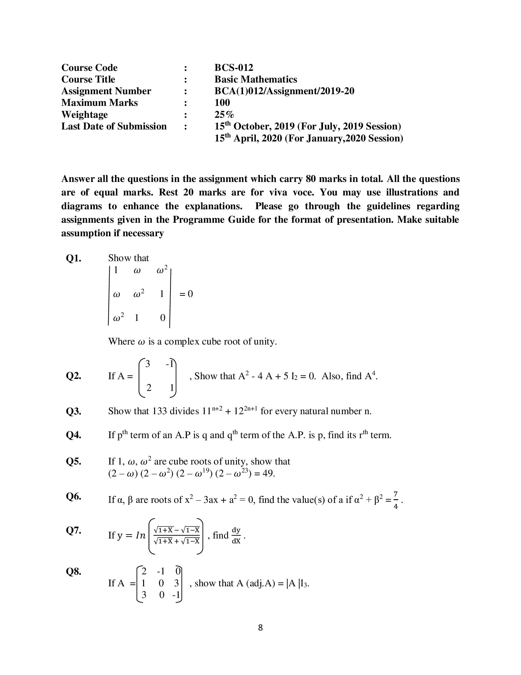 BCS-012 Solved Assignment 2019-20 (Basic Mathematics) - KHOJINET ...